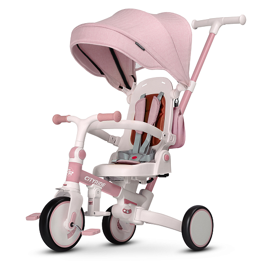 Детский трехколесный велосипед "CITYRIDE". Рама алюминий, может трансформироваться, подножки, колеса 8/7 EVA, капюшон, род. ручка, розовый в Джамбо Тойз