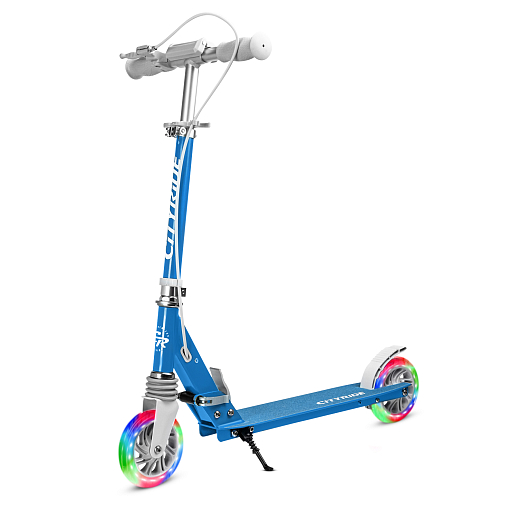 Двухколесный самокат CITY-RIDE 120, ал. 100%. Аморт. передний. Колеса PU 120/120 мм. Подшипники: Abec-9. Грипсы: резина. Хомуты анод, замок на руле. Ручной задний тормоз.Голубой. в Джамбо Тойз