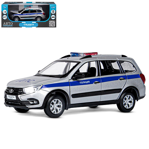 Машинка металлическая Автопанорама, инерционная, коллекционная модель LADA GRANTA CROSS "Полиция" масштаб 1:24, свет, звук, открываются 4 двери, капот, багажник,серебряный, в/к 24,5*12,5*10,5 см в Джамбо Тойз