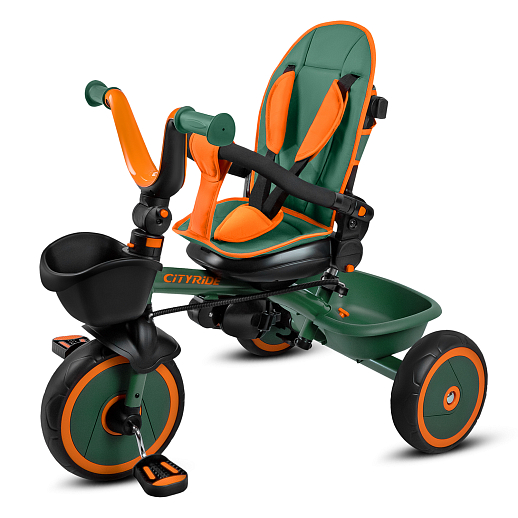 Детский 3хкол. велосипед ”CITYRIDE“ Рама сталь, наклонный руль из магнезия, колясочная крыша, ручка управления с подстаканником, 2 корзины. Колеса EVA 10/8, подножки, тормоза, бампер безопасности. Оранжево-зеленый. в Джамбо Тойз #3