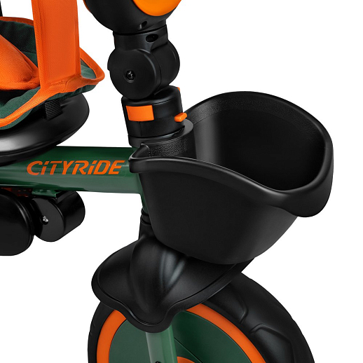 Детский 3хкол. велосипед ”CITYRIDE“ Рама сталь, наклонный руль из магнезия, колясочная крыша, ручка управления с подстаканником, 2 корзины. Колеса EVA 10/8, подножки, тормоза, бампер безопасности. Оранжево-зеленый. в Джамбо Тойз #15