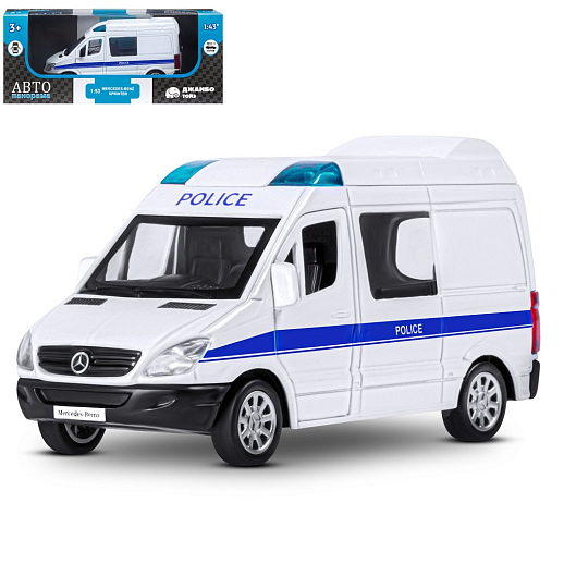 ТМ "Автопанорама" Машинка металлическая 1:53 Mercedes-Benz Sprinter, полиция, откр. двери, инерция, в/к 17,5*12,5*6,5 см в Джамбо Тойз