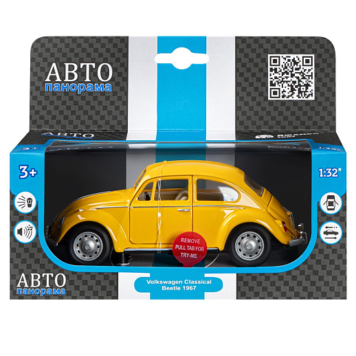 ТМ "Автопанорама" Машинка металлическая, 1:28 Volkswagen Classical Beetle 1967, желтый, откр. двери и багажник, свет, звук, инерция, в/к 17,5*12,5*6,5 см в Джамбо Тойз #4