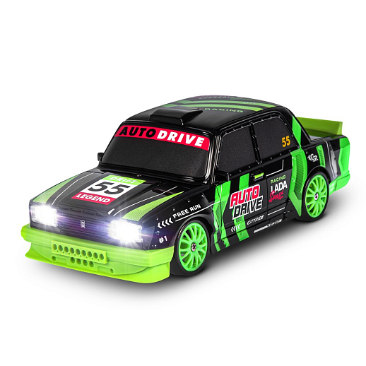 AUTODRIVE Р/У Машина для дрифта LADA 2105,М1:24,2.4GHz,4WD,свет фар,4 доп.колеса,конусы,с аккум.,цв. черный с зелеными акцентами,в/к 24*10,3*23,7см в Джамбо Тойз #7