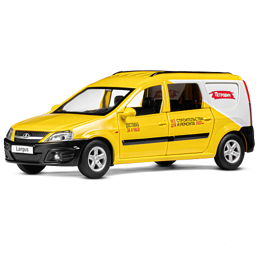 Машинка металлическая Автопанорама, инерционная, коллекционная модель LADA LARGUS, масштаб 1:24, "Петрович", свет, звук, открываются 4 двери, капот, багажник, желтый, в/к 24,5*12,5*10,5 см в Джамбо Тойз #2