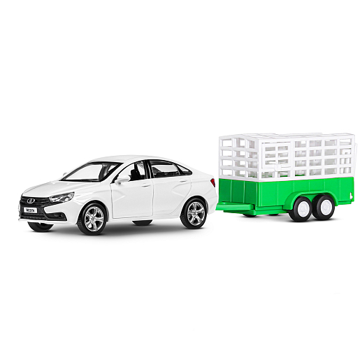 ТМ "Автопанорама" Машинка металлическая 1:43, LADA VESTA белая, откр. 2 двери., инерция + сельхозприцеп в Джамбо Тойз #2