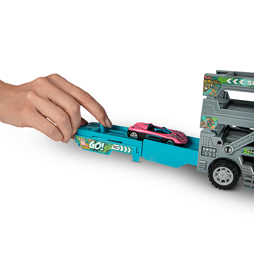 Автовоз-динозавр с транспортом,3 метал.машинки в наб.,2 трековых спуска,телескопич.платформа,кабина-трек,автозапуск машинок, 2 цвета в ассорт.,в/к 34,2*8,5*13см в Джамбо Тойз #7