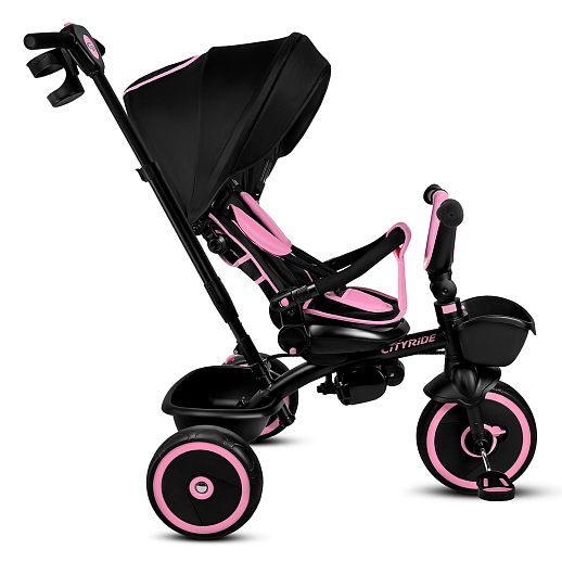 Детский 3хкол. велосипед ”CITYRIDE“ Рама сталь, наклонный руль из магнезия, колясочная крыша, ручка управления с подстаканником, 2 корзины. Колеса EVA 10/8, подножки, тормоза, бампер безопасности. Розово-черный в Джамбо Тойз #5