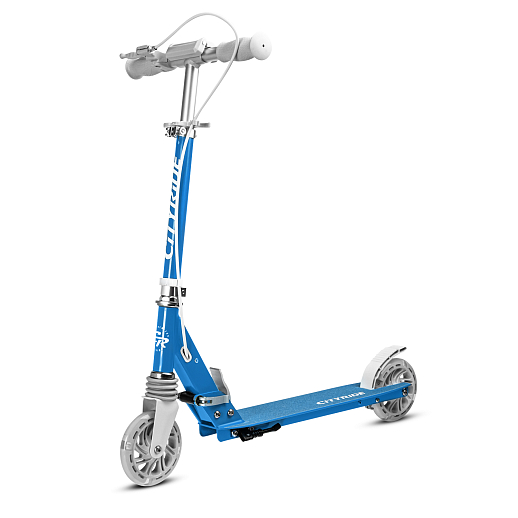 Двухколесный самокат CITY-RIDE 120, ал. 100%. Аморт. передний. Колеса PU 120/120 мм. Подшипники: Abec-9. Грипсы: резина. Хомуты анод, замок на руле. Ручной задний тормоз.Голубой. в Джамбо Тойз #2
