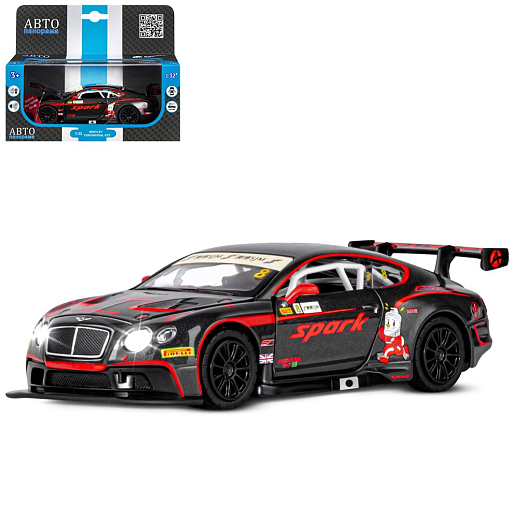 ТМ "Автопанорама" Машинка металлическая 1:32 Bentley Continental GT3, черный, свет, звук, откр. двери и капот, инерция, в/к 17,5*13,5*9 см в Джамбо Тойз