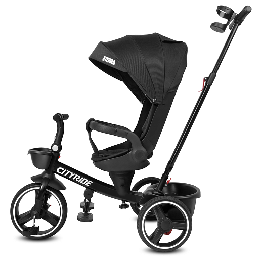 Трехколесные велосипед CITYRIDE, металл,  колеса PVC 12"/10", попрот. наколон. Сиденье с крышей,  род ручка, наклон руль, тормоз, корзинка   в Джамбо Тойз #4