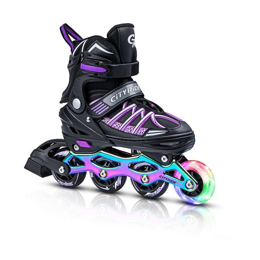Роликовые коньки CITYRIDE, Черный-фиолетовый, PU колеса, переднее колесо со светом, подшипники ABEC 7, анодированная алюминиевая рама, текстильный мысок с резиновыми вставками, в/к 5сл гофрокартон в Джамбо Тойз #9