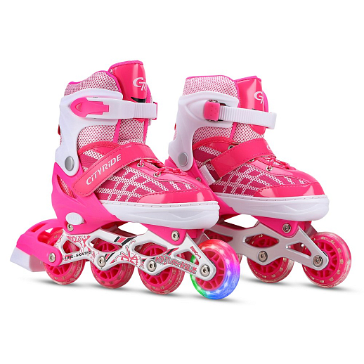"CITY-RIDE" Комплект (ролики, защита, шлем, конусы 5 шт), переднее колесо со светом, S размер (29-33), ABEC 7, цвет розов в н/сумке в Джамбо Тойз #13