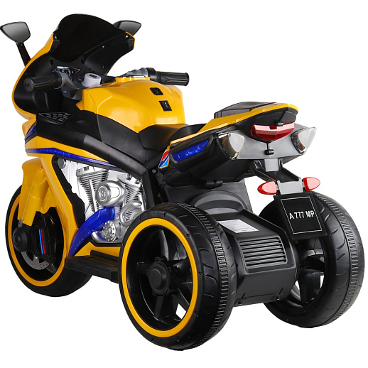 Электромотоцикл детский трёхколёсный на аккумуляторе, USB, MP3, колеса пластик, свет LED. Размер 115*52*77 . Цвет желтый в Джамбо Тойз #3