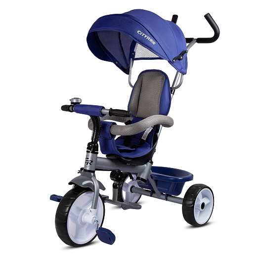 Детский 3хкол. велосипед ”CITYRIDE“ в/к Рама сталь, "колясочная крыша", ручка управления, багажник. Колеса: пласт. 10"/8", подножки-педали. Металл. звонок. Разъемный бампер безопасности. Темно-синий в Джамбо Тойз