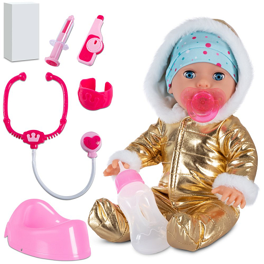 ТМ "Amore Bello" Пупс интерактивный, русский язык, реагирует на прикосновения, пьет, писает, засыпает, может заболеть (покраснение лица, кашель) и вылечиться с помощью шприца в Джамбо Тойз
