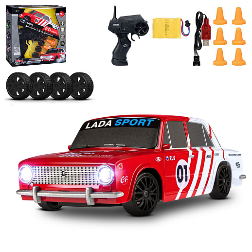 AUTODRIVE Р/У Машина для дрифта LADA 2101,М1:24,2.4GHz,4WD,свет фар,4 доп.колеса,конусы,с аккум.,цв. красный с белыми акцентами,в/к 24*10,3*23,7см в Джамбо Тойз