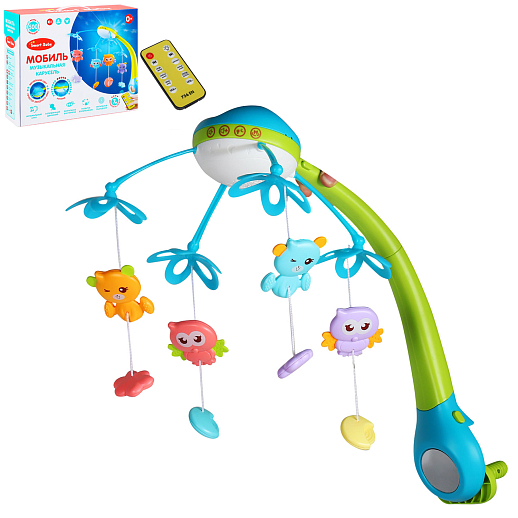 ТМ "Smart Baby" Мобиль" 500 мелодий, проектор, ночник, пульт, ярко-голубой в/к 37*28*10 см в Джамбо Тойз