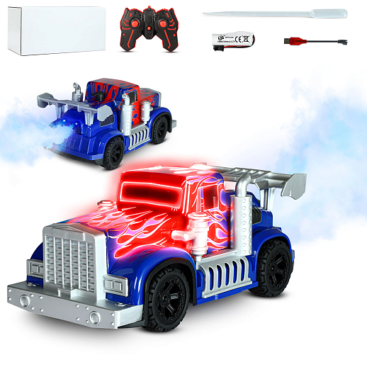 Р/У Грузовик-тягач с паром,подсветкой корпуса и пульта,аккум. в компл.,цвет синий с красн.,в/к 37,1*15*15см в Джамбо Тойз