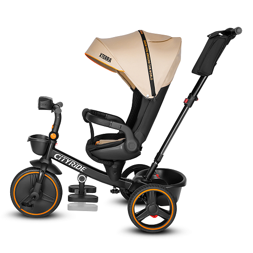 Трехколесные велосипед CITYRIDE, металл,  колеса PVC 12"/10", попрот. наколон. Сиденье с крышей,  род ручка, наклон руль, функц. фара, тормоз, корзинка в Джамбо Тойз #7