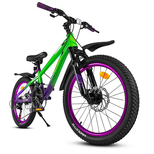 Велосипед двухколёсный CITYRIDE, модель CR-B2-12S, рама сталь, колеса 20" алюминиевые двойный обода, 21 скорость, амортизационная вилка, дисковые мех. тормоза, цвет зеленый-фиолетовый в Джамбо Тойз #3