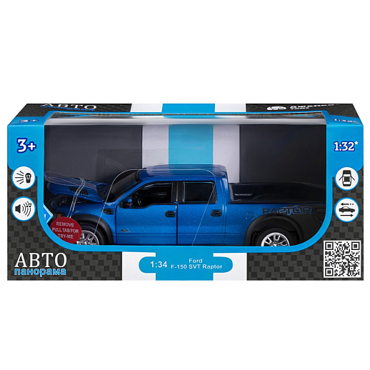 ТМ "Автопанорама" Машинка металлическая 1:34 Ford F-150 SVT Raptor,синий, свет, звук, откр. двери, капот и задняя дверка, инерция, в/к 20*10*11 см в Джамбо Тойз #3