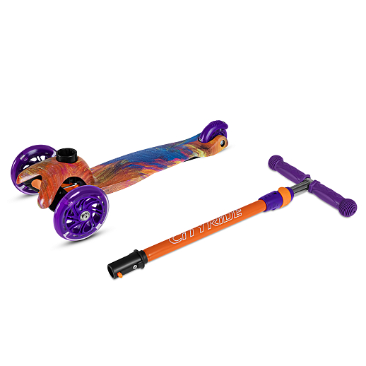 Самокат трехколесный CITY-RIDE (пакет). Руль телеск.: алюминий с резин.рукояткой. Дека: PP+нейлон гидрографика, размеры 51*11 см. Колеса: 120/76 PU со светом. Подшипник: Аbec-5. Максимальная нагрузка: 35кг. Возраст: от 3 лет. в Джамбо Тойз #6