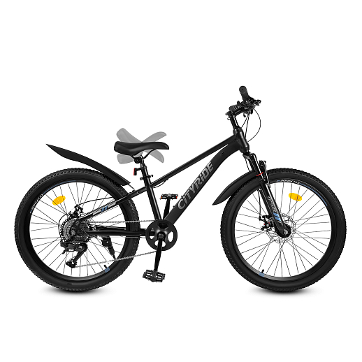 Велосипед CITYRIDE 24", модель CR-B2-SH03, рама сталь, обода двойные алюминий, трансмиссия 1*9 ск, амортизационная вилка, дисковые мех. тормоза цвет чёрный в Джамбо Тойз #13