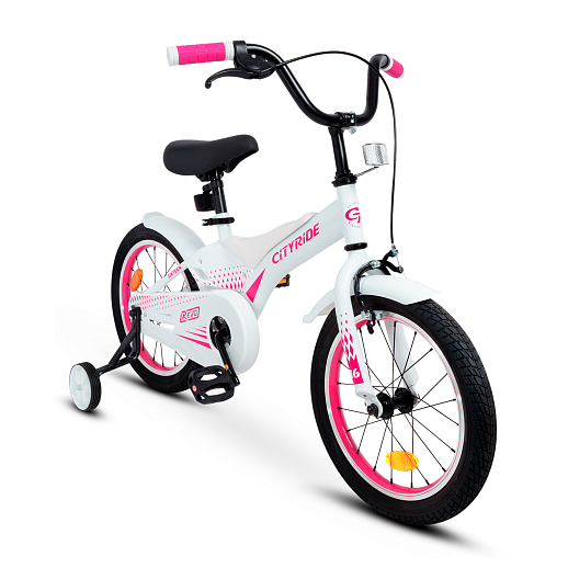 Детский велосипед "Cityride REVO", модель CR-B2-05, рама сталь, кожух цепи 100%, обода алюм. 16", втулки сталь, покрышки 2,125, страх. колеса, руль сталь. вынос сталь, задние ножные тормоза, передний клещевой, крылья пластик, отражатели пер/зад и на спицах, цвет белый розовый в Джамбо Тойз