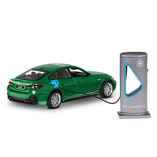 Машинка металлическая 1:34 BMW I4 M50 с зарядной станцией, зеленый, свет, звук, откр. двери и капот, инерция, в/к 20,6*9,*9 см в Джамбо Тойз #8