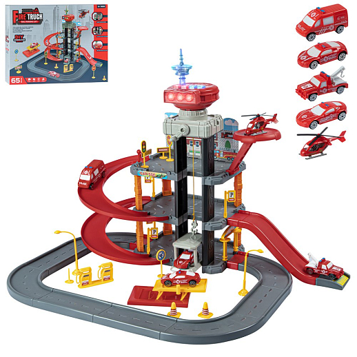 Парковка "Пожарная" с лифтом, свет, звук, ручной механизм лифта, в компл. машинки, вертолет, на бат., в/к 45*6,5*31см в Джамбо Тойз
