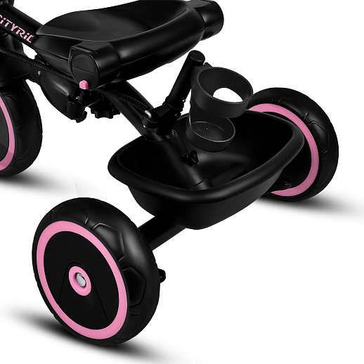 Детский 3хкол. велосипед ”CITYRIDE“ Рама сталь, наклонный руль из магнезия, колясочная крыша, ручка управления с подстаканником, 2 корзины. Колеса EVA 10/8, подножки, тормоза, бампер безопасности. Розово-черный в Джамбо Тойз #18