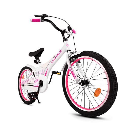 Детский велосипед "Cityride REVO", модель CR-B2-05, рама сталь, кожух цепи 100%, обода алюм. 20", втулки сталь, покрышки 2,125, подножка, руль сталь. вынос сталь, задние ножные тормоза, передний клещевой, крылья пластик, отражатели пер/зад и на спицах, цвет белый-розовый в Джамбо Тойз #6
