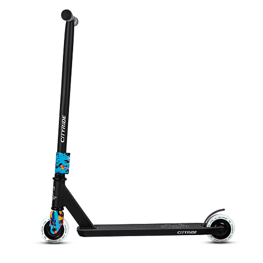 Трюковый самокат CITYRIDE, T-bar сталь 50*53см, дека алюм.48*10см, колеса PU 86A 100мм, пластик диск, вилка резьб., хомут 4б., цвет черный/краска  в Джамбо Тойз #5
