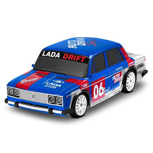 AUTODRIVE Р/У Машина для дрифта LADA 2106,М1:24,2.4GHz,4WD,свет фар,4 доп.колеса,конусы,с аккум.,цв.синий/серебро/красн.,в/к 24*10,3*23,7см в Джамбо Тойз #4