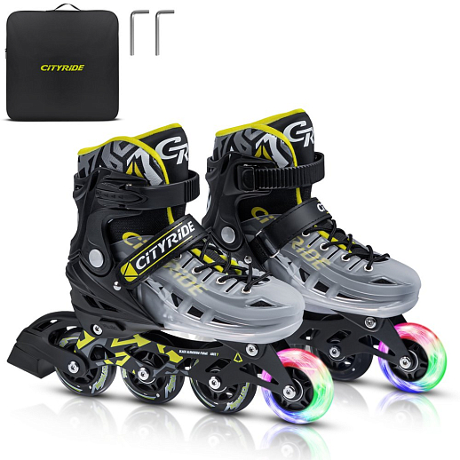 Роликовые коньки CITYRIDE, чёрный-белый полупрозрачный, PU колеса, переднее колесо со светом, подшипники ABEC 7, пластиковый мысок, в/к 5сл гофорокартон в Джамбо Тойз