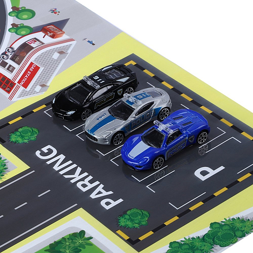 AUTODRIVE Парковка "Полиция" с автоматическим лифтом, светом,звуками,озвуч.на рус.языке. В компл: металлический транспорт 4шт., игровой коврик 78*58 см в Джамбо Тойз #15