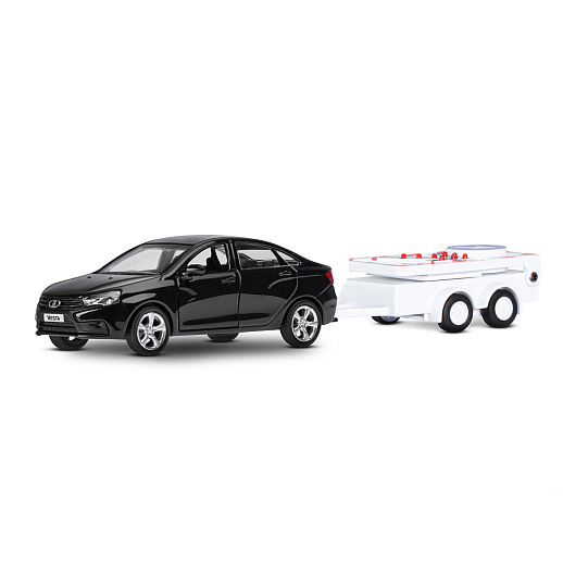 ТМ "Автопанорама" Машинка металлическая 1:43, LADA VESTA черная, откр. 2 двери., инерция + прицеп с дорожными знаками в Джамбо Тойз #2