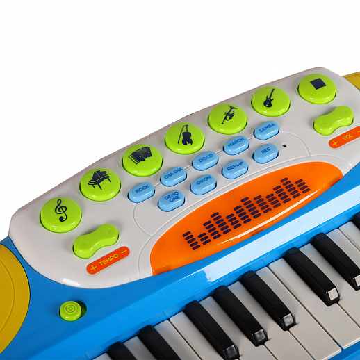 Детское электронное пианино на бат., в компл. микрофон, стул, свет. звук. эффект, цвет синий, в/к 60*43*12 см  в Джамбо Тойз #3