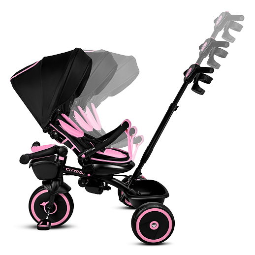 Детский 3хкол. велосипед ”CITYRIDE“ Рама сталь, наклонный руль из магнезия, колясочная крыша, ручка управления с подстаканником, 2 корзины. Колеса EVA 10/8, подножки, тормоза, бампер безопасности. Розово-черный в Джамбо Тойз #7