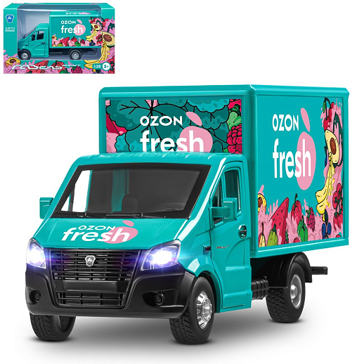 ТМ "Автопанорама" Машинка металлическая 1:28 ГАЗель NEXT OZON fresh, зеленый, откр. двери, задняя дверка фургона, свет, звук, инерция, в/к 24*14*12 см в Джамбо Тойз
