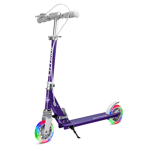 Двухколесный самокат CITY-RIDE 120, ал. 100%. Аморт. передний. Колеса PU 120/120 мм. Подшипники: Abec-9. Грипсы: резина. Хомуты анод, замок на руле. Ручной задний тормоз, фиолетовый в Джамбо Тойз