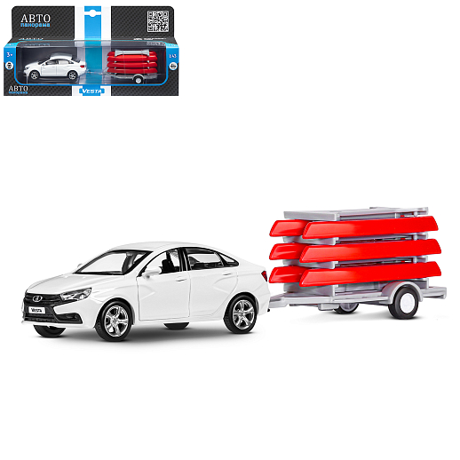 ТМ "Автопанорама" Машинка металлическая 1:43, LADA VESTA белая, откр. 2 двери., инерция + прицеп с лодками в Джамбо Тойз