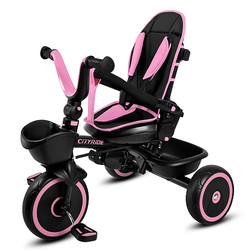 Детский 3хкол. велосипед ”CITYRIDE“ Рама сталь, наклонный руль из магнезия, колясочная крыша, ручка управления с подстаканником, 2 корзины. Колеса EVA 10/8, подножки, тормоза, бампер безопасности. Розово-черный в Джамбо Тойз #3