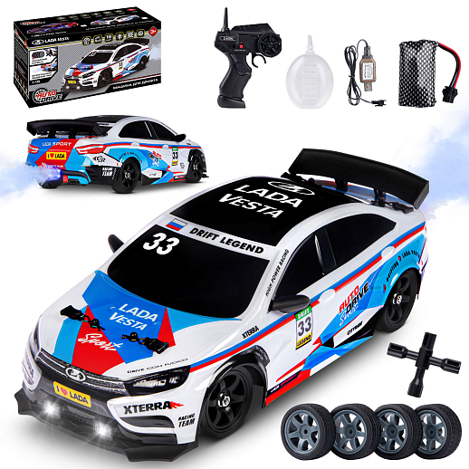 AUTODRIVE Р/У Машина для дрифта LADA Vesta с паром,1:16,2.4GHz,4WD,запасн.колеса 4шт.,свет,с аккум,в/к 31*15*15см в Джамбо Тойз