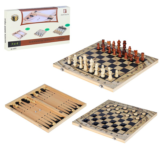Настольная игра "3в1 - Шахматы, шашки, нарды", дерево, размер доски 39х39 см, в/к 39.7х20.3х4.5 см в Джамбо Тойз