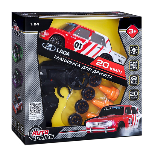 AUTODRIVE Р/У Машина для дрифта LADA 2101,М1:24,2.4GHz,4WD,свет фар,4 доп.колеса,конусы,с аккум.,цв. красный с белыми акцентами,в/к 24*10,3*23,7см в Джамбо Тойз #2