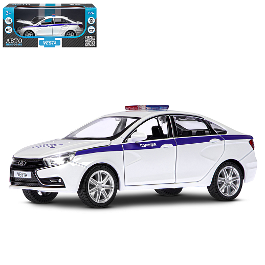 Машинка металлическая Автопанорама, инерционная, коллекционная модель LADA VESTA "Полиция" седан, масштаб 1:24, свет, звук, открываются 4 двери, капот, багажник, белый, в/к 24,5*12,5*10,5 см в Джамбо Тойз