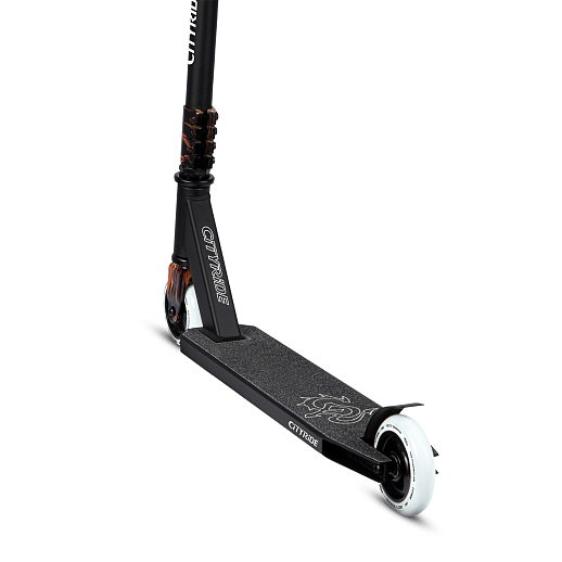 Трюковый самокат CITYRIDE, T-bar сталь 50*53см, дека алюм.48*10см, колеса PU 86A 100мм, пластик диск, вилка резьб., хомут 4б., цвет черный/огонь  в Джамбо Тойз #4
