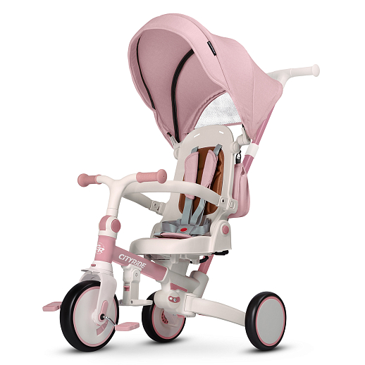 Детский трехколесный велосипед "CITYRIDE". Рама алюминий, может трансформироваться, подножки, колеса 8/7 EVA, капюшон, род. ручка, розовый в Джамбо Тойз #2